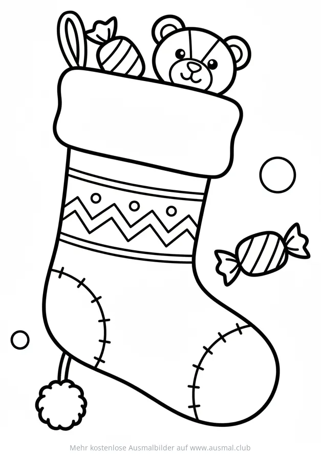 Weihnachtsstrumpf gefüllt mit Teddy und Süßigkeiten Ausmalbild