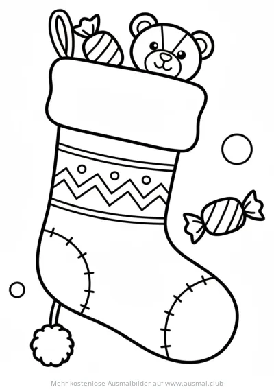 Weihnachtsstrumpf gefüllt mit Teddy und Süßigkeiten Ausmalbild