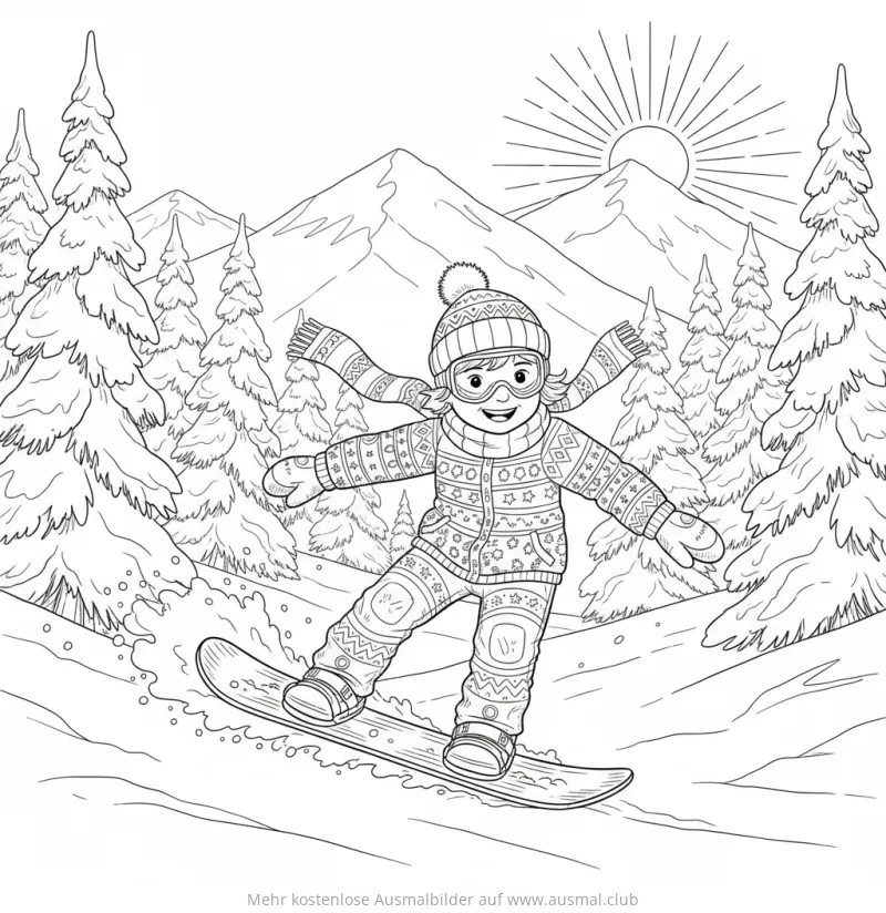 Mädchen auf Snowboard vor Berglandschaft Ausmalbild