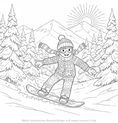 Mädchen auf Snowboard vor Berglandschaft Ausmalbild