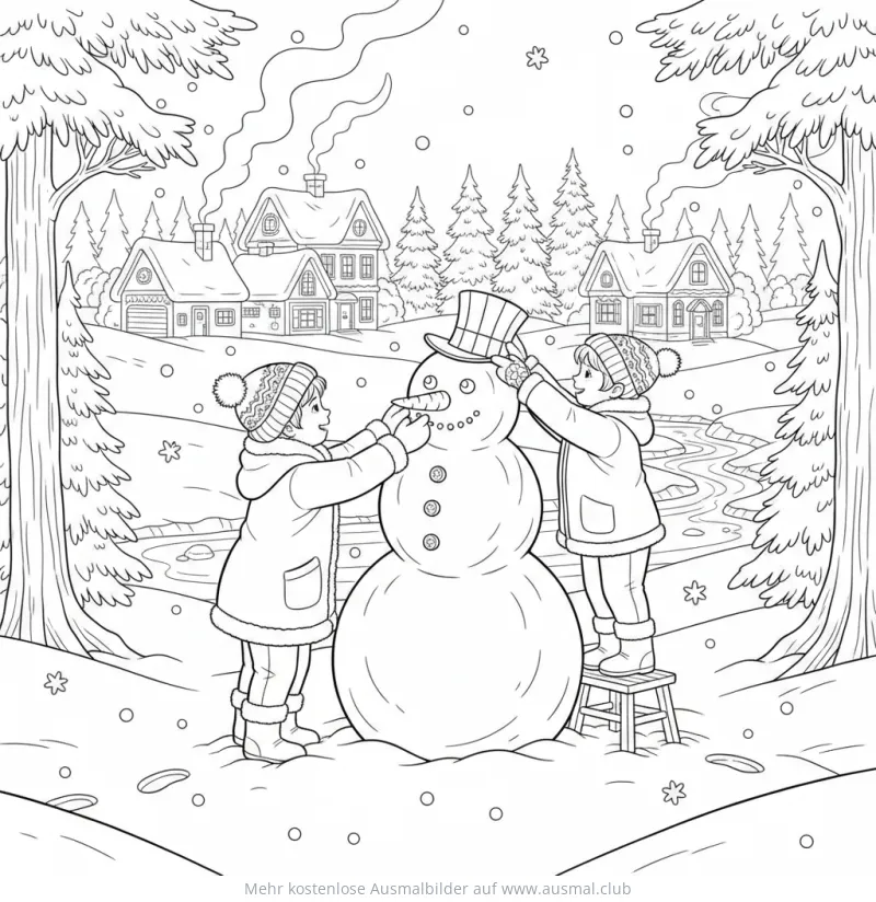 Zwei Kinder bauen Schneemann Ausmalbild