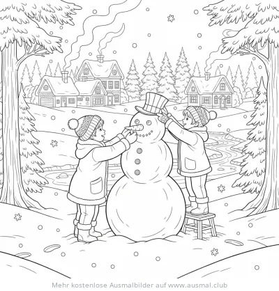 Zwei Kinder bauen Schneemann Ausmalbild