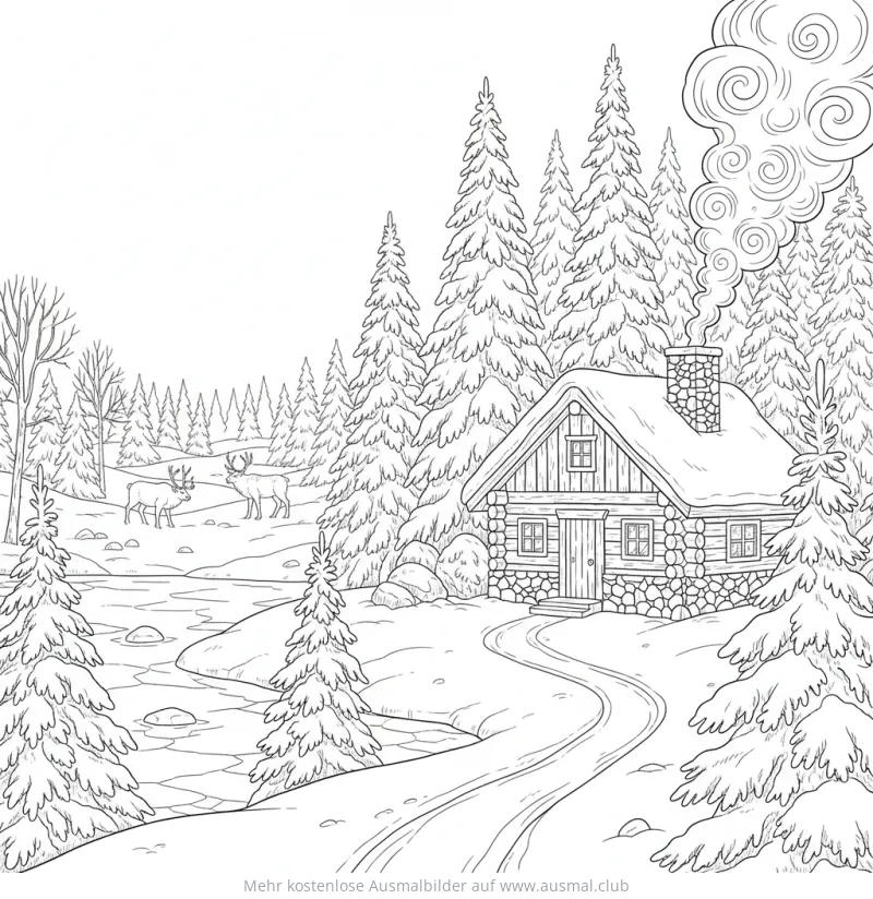Winterlandschaft mit Hütte, Tannen und Hirschen Ausmalbild