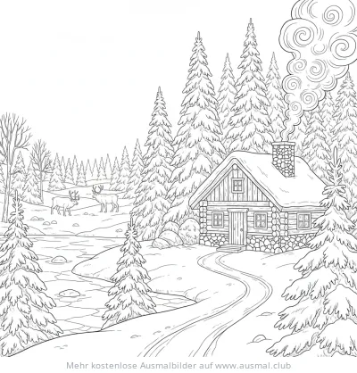 Winterlandschaft mit Hütte, Tannen und Hirschen Ausmalbild