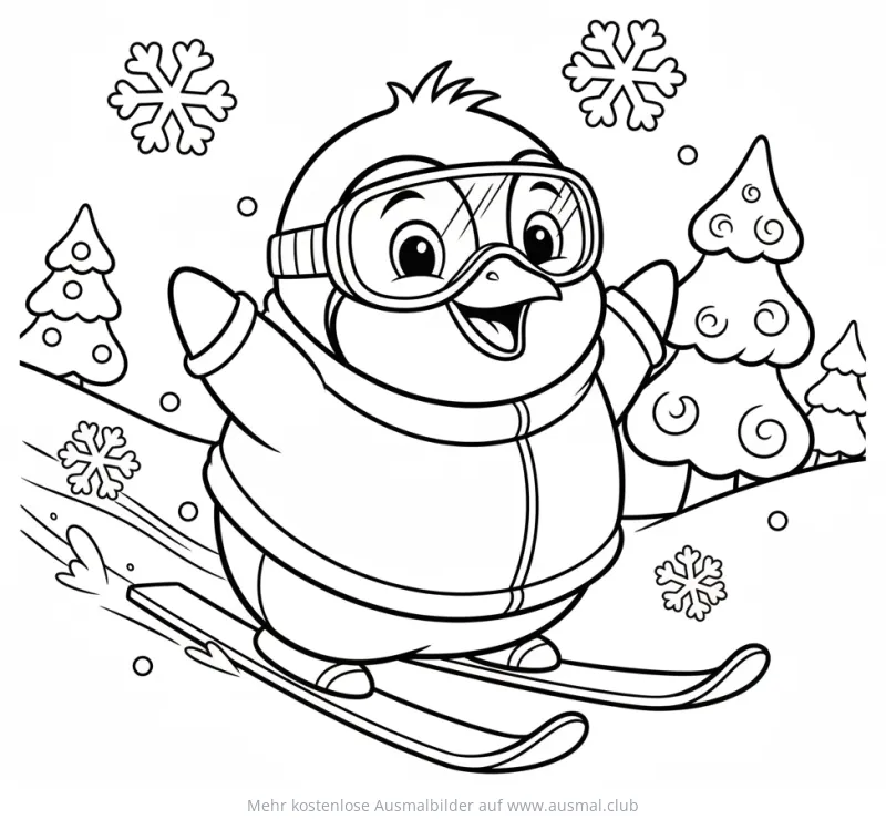 Pinguin fährt Ski Ausmalbild mit Tannenbäumen und Schneeflocken