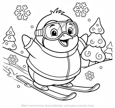 Pinguin fährt Ski Ausmalbild mit Tannenbäumen und Schneeflocken