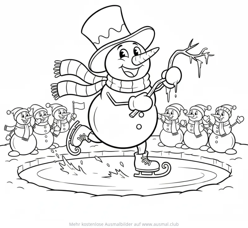 Schneemann auf dem Eis mit weiteren Schneemännern Ausmalbild