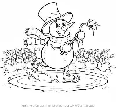 Schneemann auf dem Eis mit weiteren Schneemännern Ausmalbild