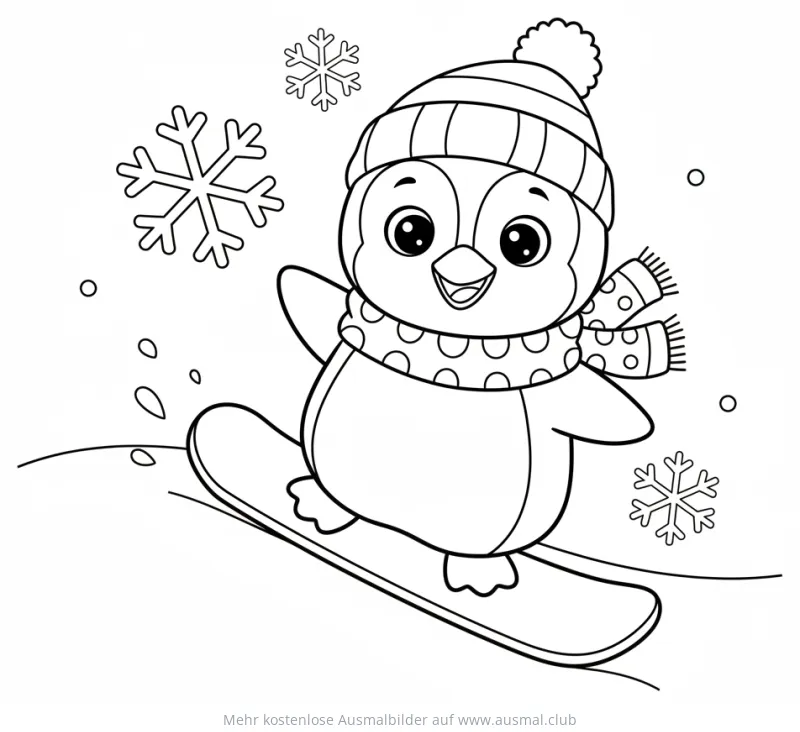 Pinguin mit Mütze und Schal auf Snowboard Ausmalbild