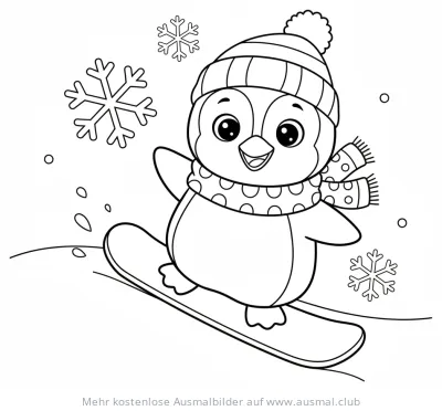 Pinguin mit Mütze und Schal auf Snowboard Ausmalbild