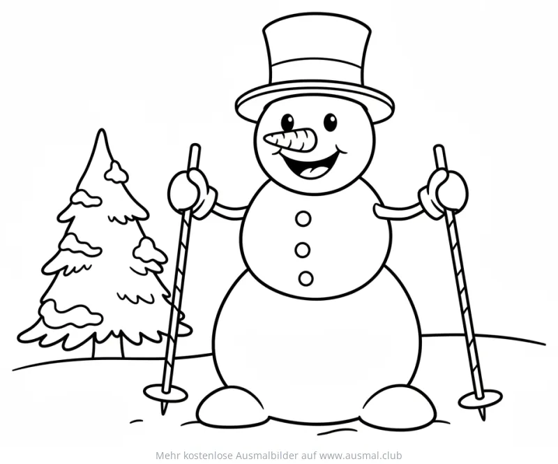 Schneemann mit Zylinder und Skistöcken neben Tanne Ausmalbild
