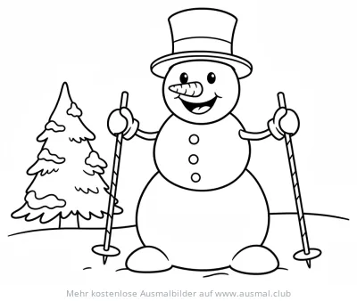 Schneemann mit Zylinder und Skistöcken neben Tanne Ausmalbild