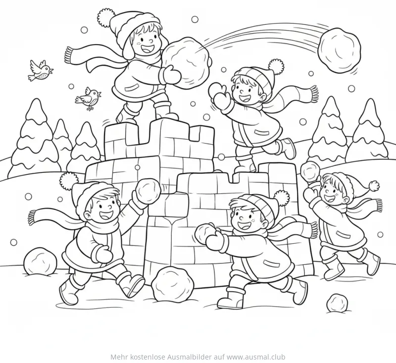 Schneeballschlacht vor Schneeburg Ausmalbild