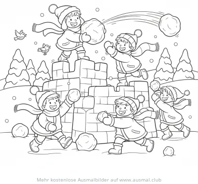 Schneeballschlacht vor Schneeburg Ausmalbild