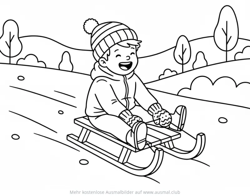 Kind mit Mütze fährt Schlitten Ausmalbild