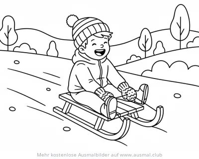 Kind mit Mütze fährt Schlitten Ausmalbild