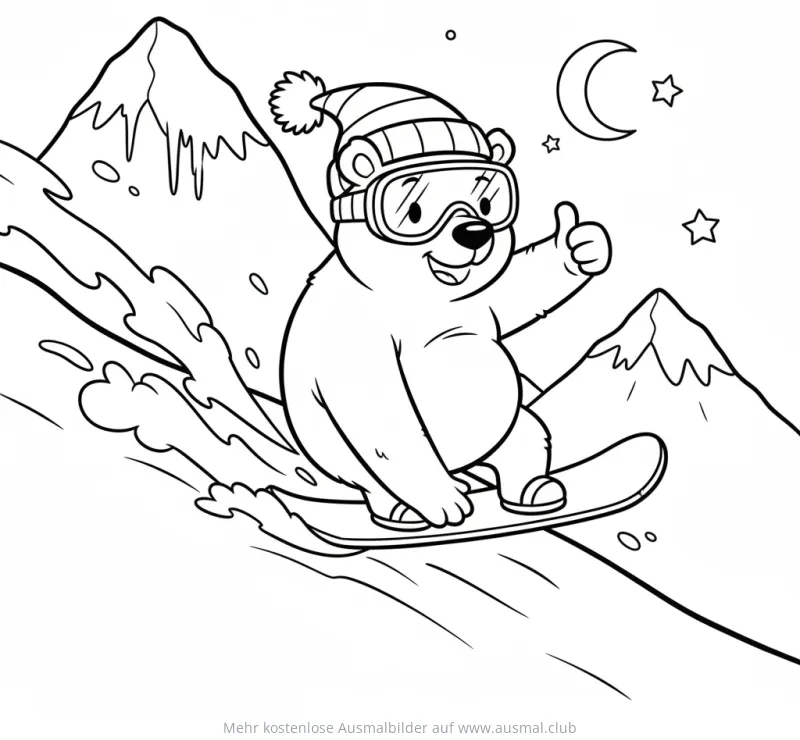 Eisbär mit Mütze und Skibrille fährt Snowboard vor Bergkulisse Ausmalbild