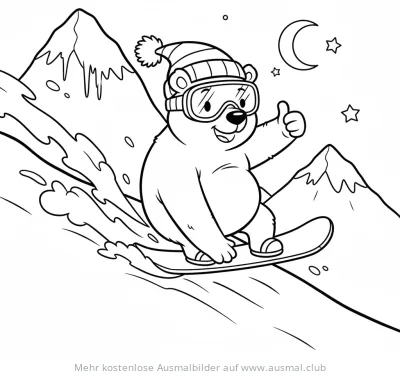 Eisbär mit Mütze und Skibrille fährt Snowboard vor Bergkulisse Ausmalbild