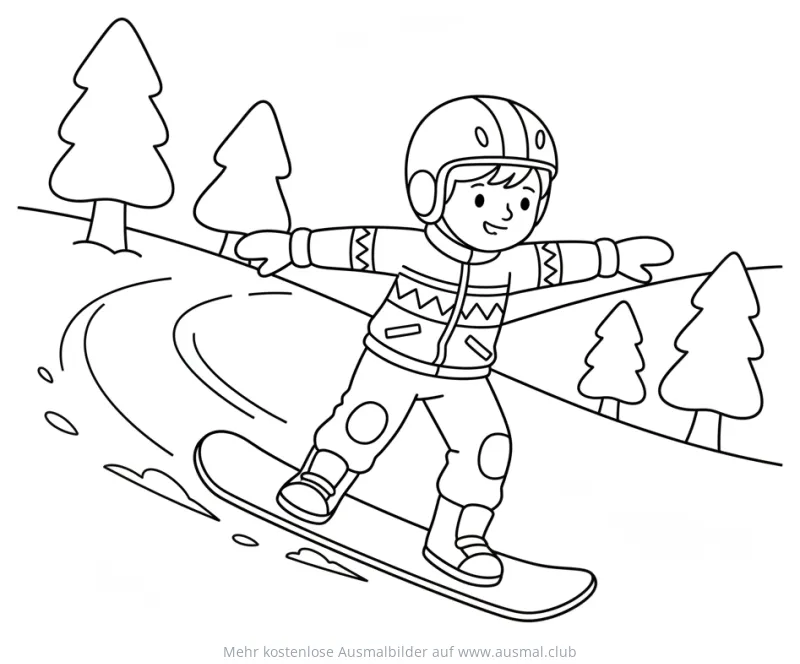 Snowboarder Kind mit Helm und Tannen Ausmalbild