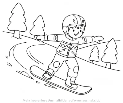 Snowboarder Kind mit Helm und Tannen Ausmalbild