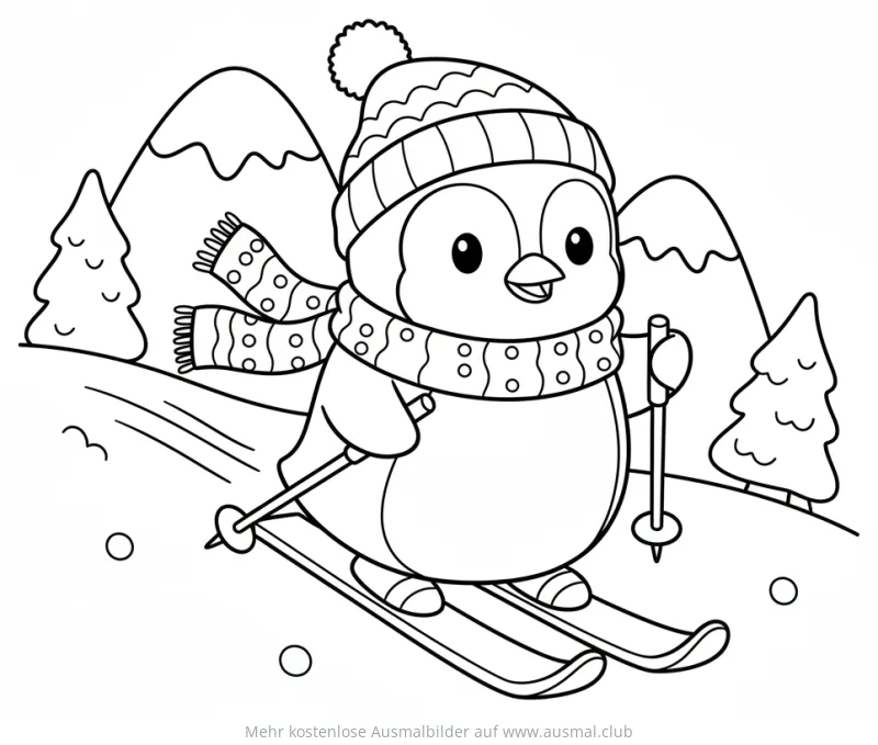 Pinguin mit Mütze und Schal auf Skiern Ausmalbild