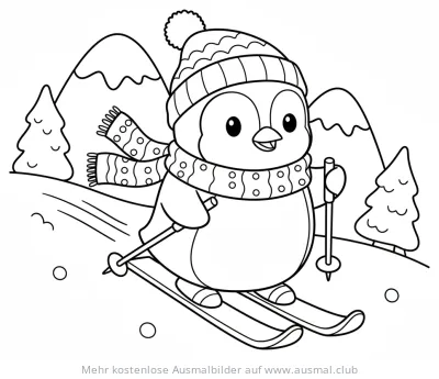 Pinguin mit Mütze und Schal auf Skiern Ausmalbild