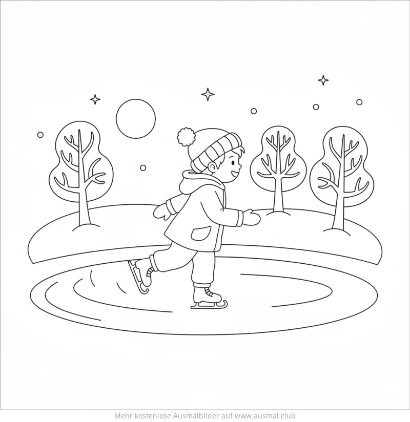 Junge beim Eislaufen Ausmalbild mit Bäumen und Sternen