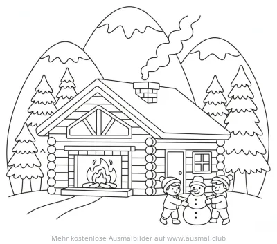 Skihütte mit Kindern beim Schneemann bauen Ausmalbild