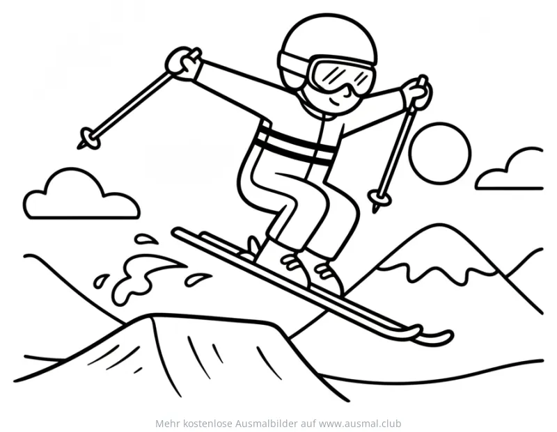 Skispringer springt über Berge Ausmalbild