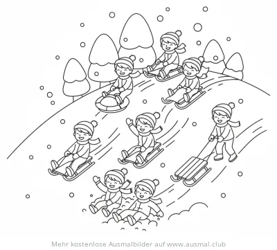 Fröhliche Kinder fahren Schlitten auf einem Hügel, Ausmalbild