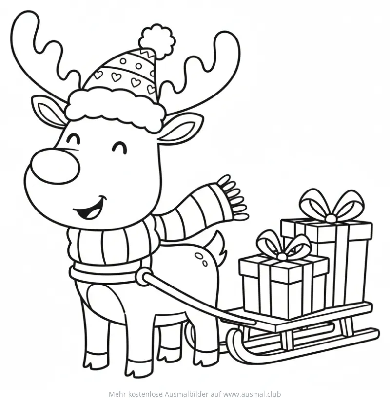 Rentier zieht Schlitten mit Geschenken Ausmalbild