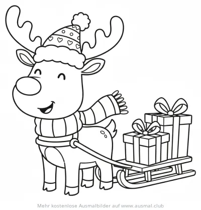 Rentier zieht Schlitten mit Geschenken Ausmalbild