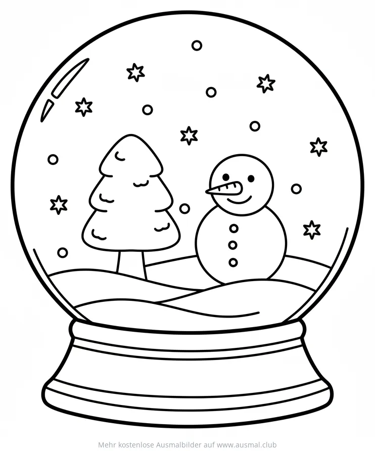 Schneekugel mit Schneemann und Tanne Ausmalbild