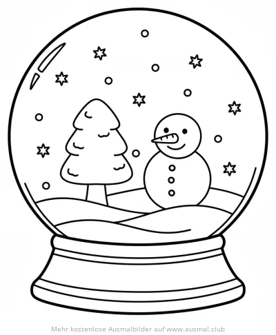 Schneekugel mit Schneemann und Tanne Ausmalbild