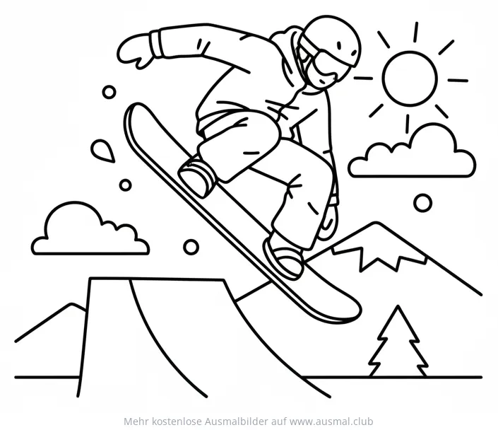 Snowboarder beim Trick Ausmalbild in Winterlandschaft