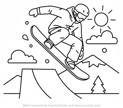 Snowboarder beim Trick Ausmalbild in Winterlandschaft