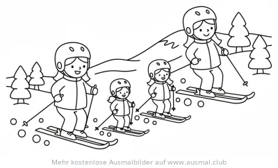 Ski-Familie auf der Piste Ausmalbild