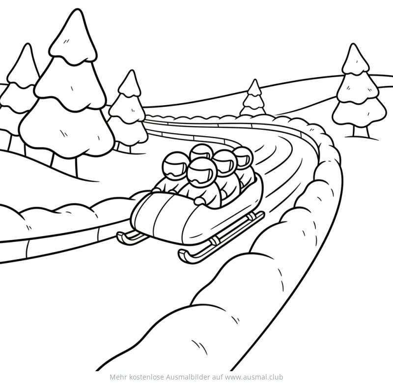 Bob Ausmalbild mit vier Athleten auf Eisbahn zwischen Tannenbäumen