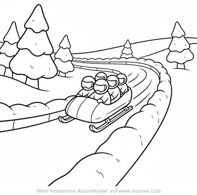 Bob Ausmalbild mit vier Athleten auf Eisbahn zwischen Tannenbäumen