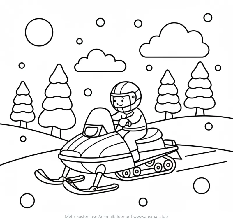 Schneemobil Ausmalbild mit Fahrer, Tannen und Schneefall