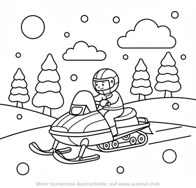 Schneemobil Ausmalbild mit Fahrer, Tannen und Schneefall