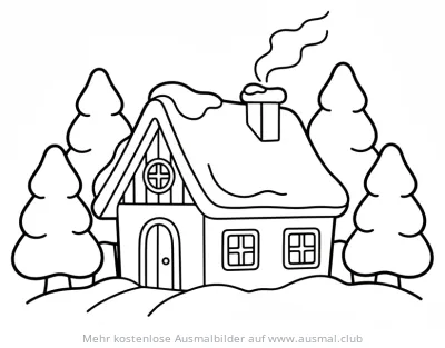 Winterhütte mit Schnee und Tannen Ausmalbild