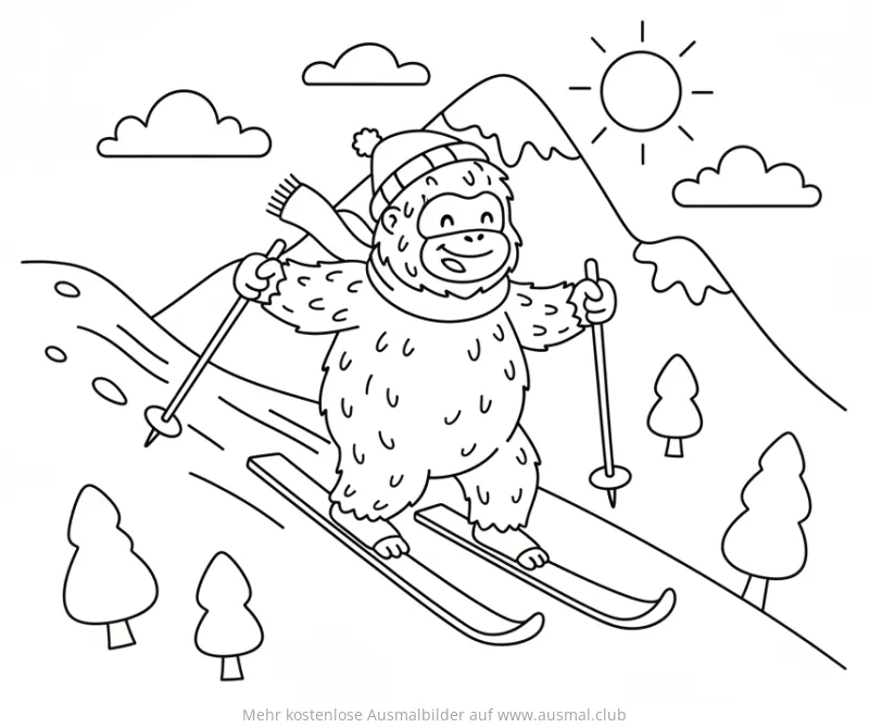 Yeti auf Skiern Ausmalbild in Winterlandschaft