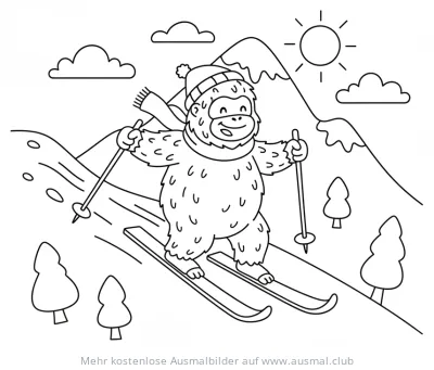 Yeti auf Skiern Ausmalbild in Winterlandschaft