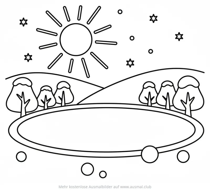Wintersee mit Bäumen, Sonne und Sternen Ausmalbild