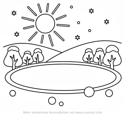 Wintersee mit Bäumen, Sonne und Sternen Ausmalbild