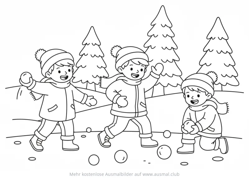 Schneeballschlacht Ausmalbild mit spielenden Kindern im Winter
