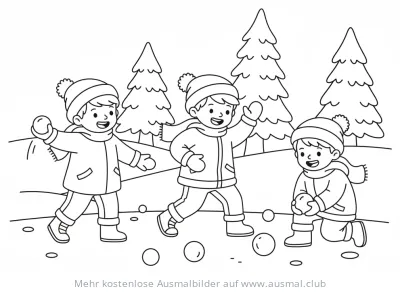 Schneeballschlacht Ausmalbild mit spielenden Kindern im Winter