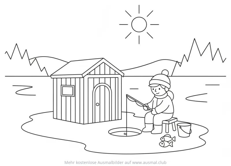 Eisfischen Ausmalbild mit Kind, Hütte und Fischen