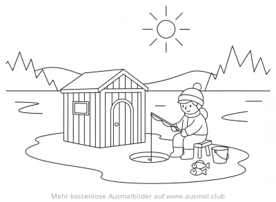 Eisfischen Ausmalbild mit Kind, Hütte und Fischen